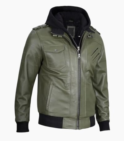 Mens Military Green Leather Jacket with Removable Hood