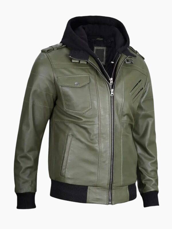 Mens Military Green Leather Jacket with Removable Hood