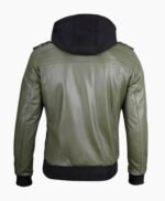 Mens Military Green Leather Jacket with Removable Hood