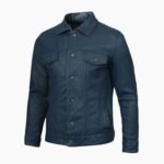 Men's Navy Blue Washed Leather Trucker Jacket
