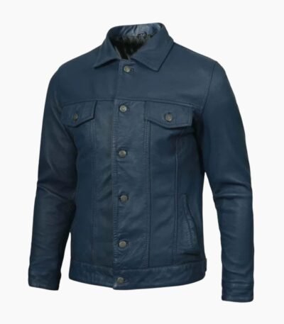 Men's Navy Blue Washed Leather Trucker Jacket