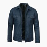 Men's Navy Blue Washed Leather Trucker Jacket