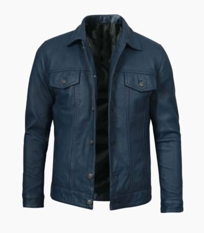 Men's Navy Blue Washed Leather Trucker Jacket