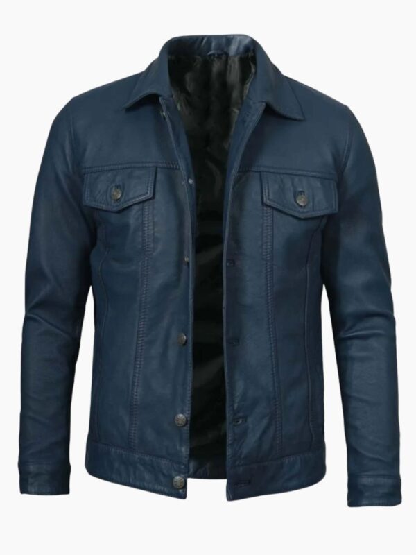 Men's Navy Blue Washed Leather Trucker Jacket