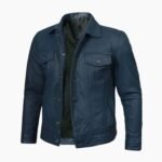 Men's Navy Blue Washed Leather Trucker Jacket