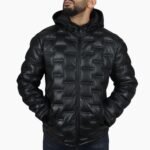 Men's Puffer Quilted Real Leather Hooded Jacket