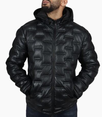 Men's Puffer Quilted Real Leather Hooded Jacket