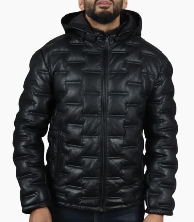 Men's Puffer Quilted Real Leather Hooded Jacket