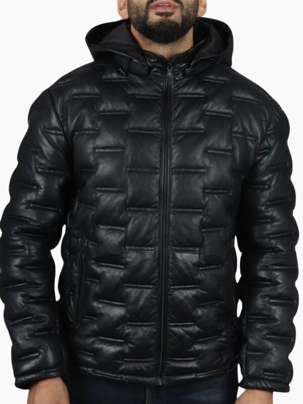 Men's Puffer Quilted Real Leather Hooded Jacket