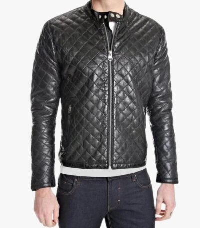 Men's Snap Tab Collar Quilted Leather Jacket