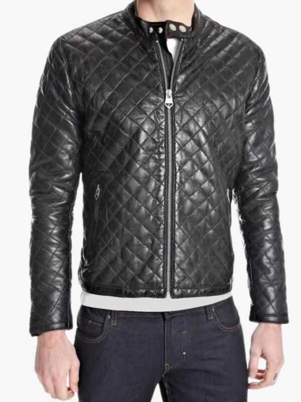 Men's Snap Tab Collar Quilted Leather Jacket