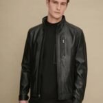 Men's Stand Collar Style Black Glossy Leather Jacket