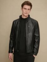 Men's Stand Collar Style Black Glossy Leather Jacket