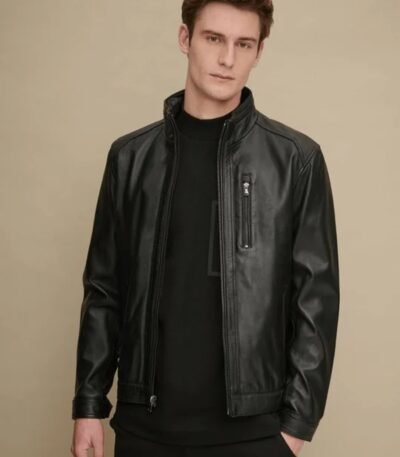 Men's Stand Collar Style Black Glossy Leather Jacket