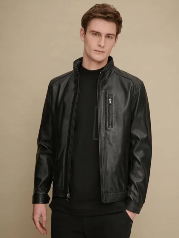 Men's Stand Collar Style Black Glossy Leather Jacket