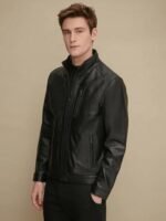 Men's Stand Collar Style Black Glossy Leather Jacket