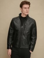 Men's Stand Collar Style Black Glossy Leather Jacket