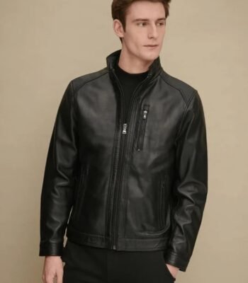 Men's Stand Collar Style Black Glossy Leather Jacket