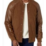 Men's Suede Leather Varsity Jacket With Contrast Sleeves