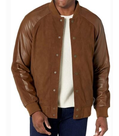 Men's Suede Leather Varsity Jacket With Contrast Sleeves
