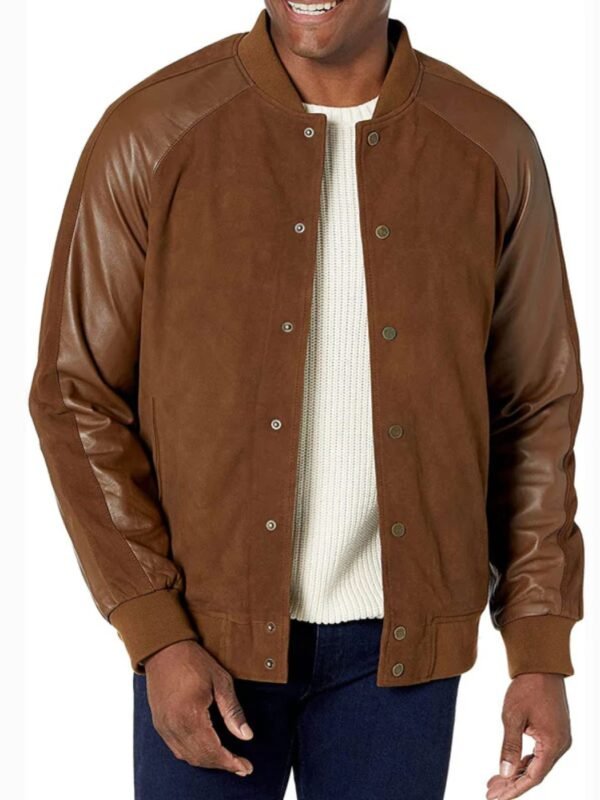 Men's Suede Leather Varsity Jacket With Contrast Sleeves