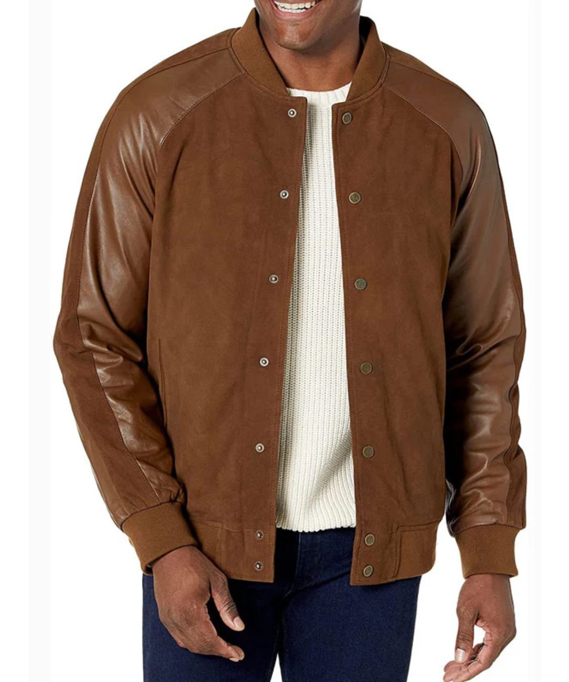 Men's Suede Leather Varsity Jacket With Contrast Sleeves Men's Suede Leather Varsity Jacket With Contrast Sleeves