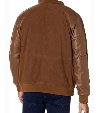 Men's Suede Leather Varsity Jacket With Contrast Sleeves