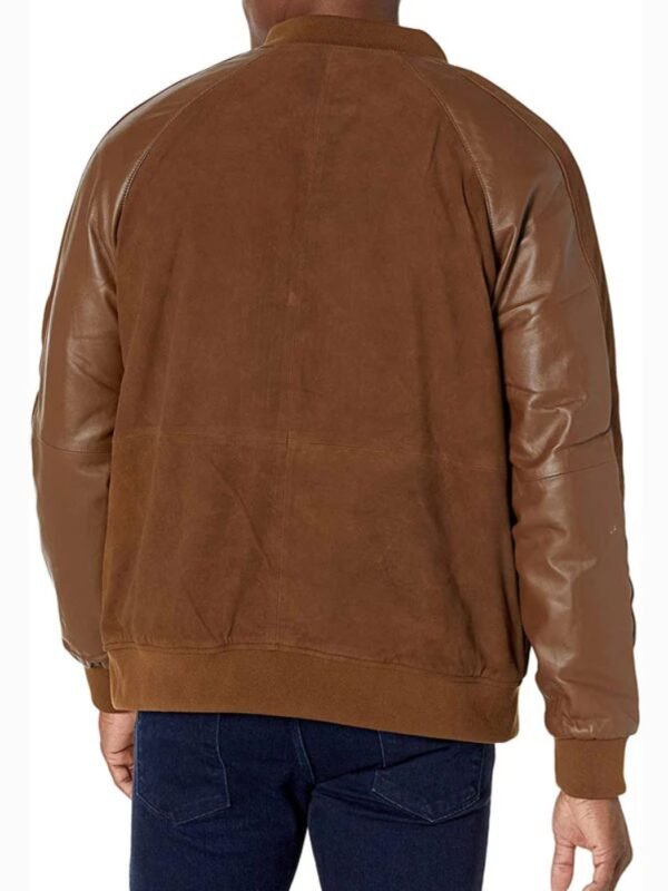 Men's Suede Leather Varsity Jacket With Contrast Sleeves