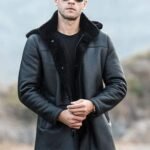 Mens Trench Faux Shearling Hooded Style Leather Coat
