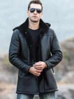 Mens Trench Faux Shearling Hooded Style Leather Coat