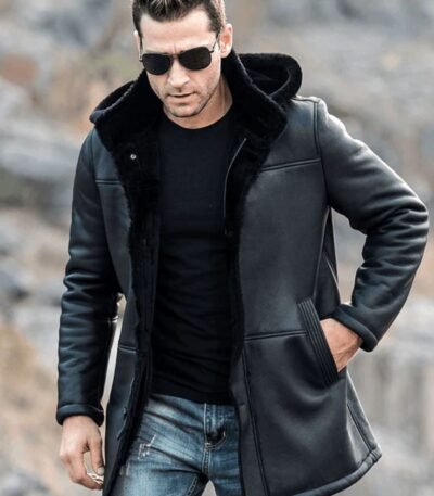 Mens Trench Faux Shearling Hooded Style Leather Coat