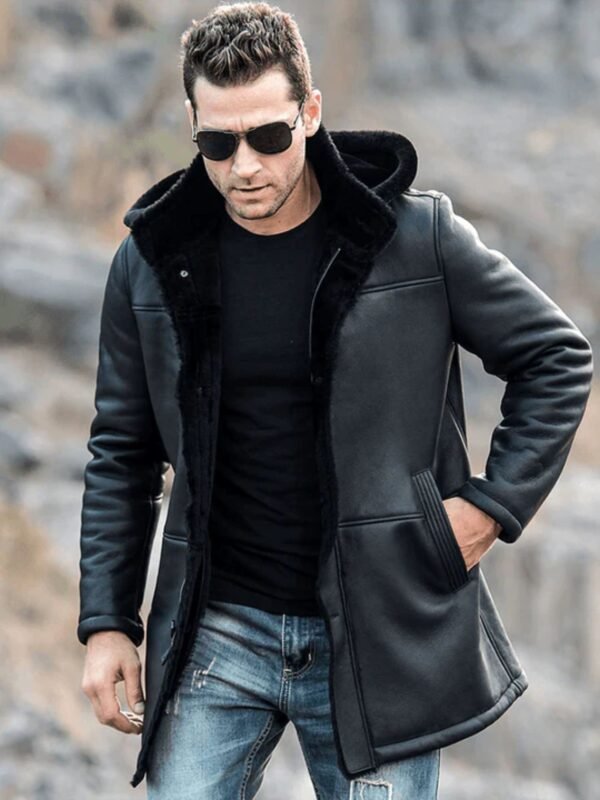 Mens Trench Faux Shearling Hooded Style Leather Coat