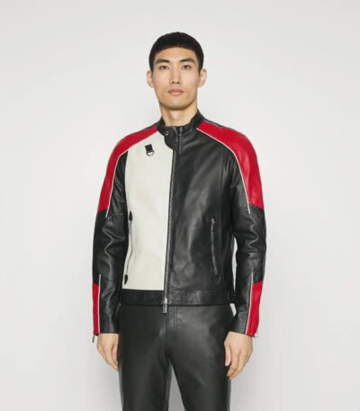 Mens Tri Color Solid Casual Motorcycle Biker Leather Jacket