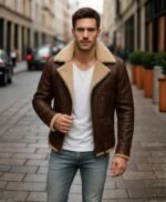 Men’s WJM001 Street Style Brown Shearling Leather Jacket