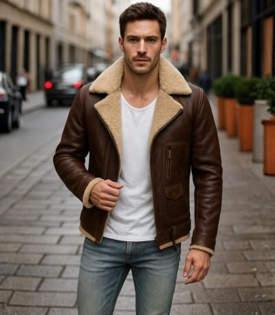Men’s WJM001 Street Style Brown Shearling Leather Jacket