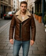 Men’s WJM001 Street Style Brown Shearling Leather Jacket