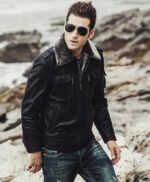 Mens Winter Black Snuff Faux Shearling Style Real Leather Jacket