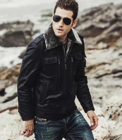 Mens Winter Black Snuff Faux Shearling Style Real Leather Jacket