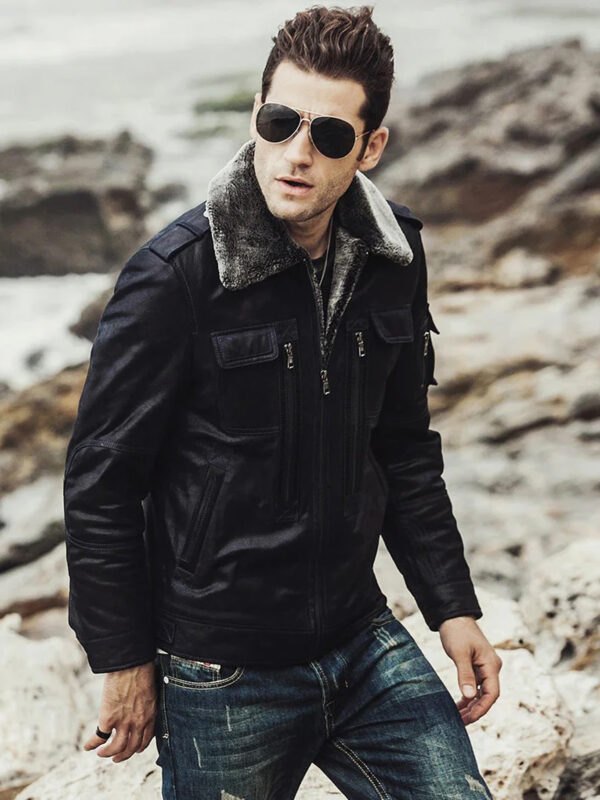 Mens Winter Black Snuff Faux Shearling Style Real Leather Jacket