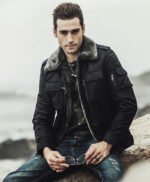 Mens Winter Black Snuff Faux Shearling Style Real Leather Jacket