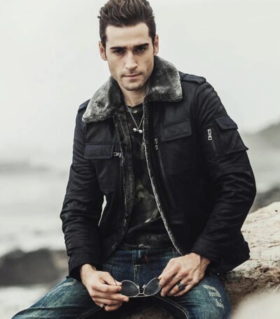 Mens Winter Black Snuff Faux Shearling Style Real Leather Jacket