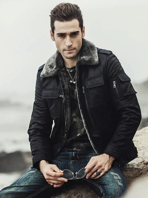 Mens Winter Black Snuff Faux Shearling Style Real Leather Jacket