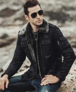 Mens Winter Black Snuff Faux Shearling Style Real Leather Jacket