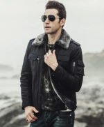 Mens Winter Black Snuff Faux Shearling Style Real Leather Jacket