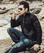 Mens Winter Black Snuff Faux Shearling Style Real Leather Jacket