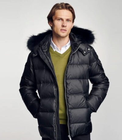 Men's Winter Jacket With Faux Fur Trim Black