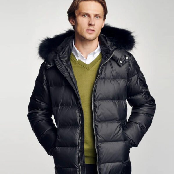 Men's Winter Jacket With Faux Fur Trim Black