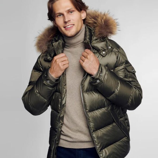 Men's Winter Jacket With Faux Fur Trim Olive