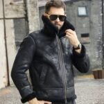 Mens Winter Style Black Snuff Faux Fur Real Leather Jacket