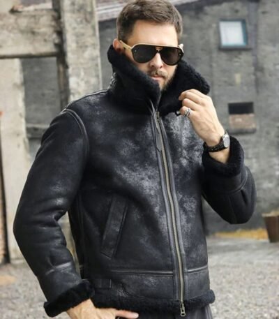 Mens Winter Style Black Snuff Faux Fur Real Leather Jacket